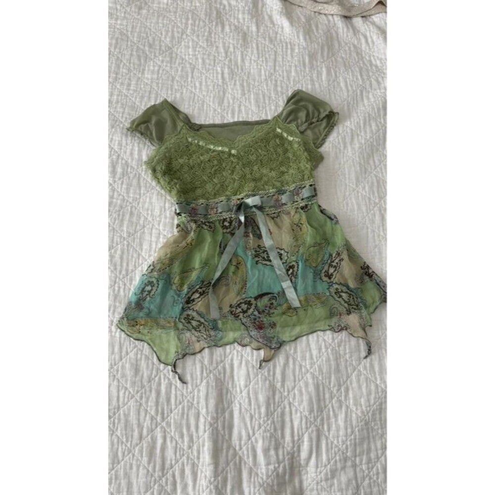 Y2K VIVA Fairycore Green Paisley Mesh Top Rosette Lace Asymmetrical Hem